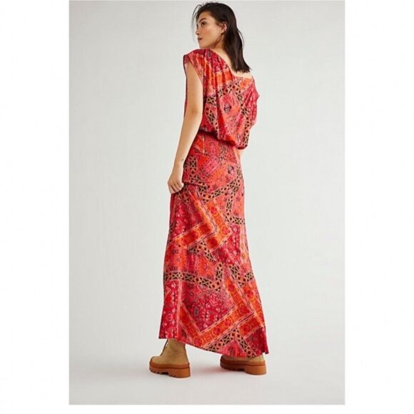 Free People Blakely Maxi Dress In Red Motif LG Side Zipper Front Slit Geometric - Picture 2 of 15